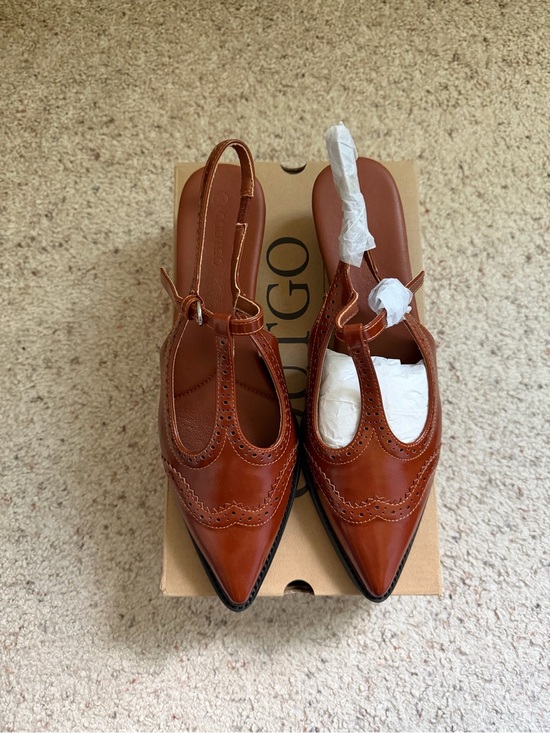 Coutgo Shoes - Brown T-Strap Slingback Kitten Heels Pointed Toe Brogue Shoes Size 8